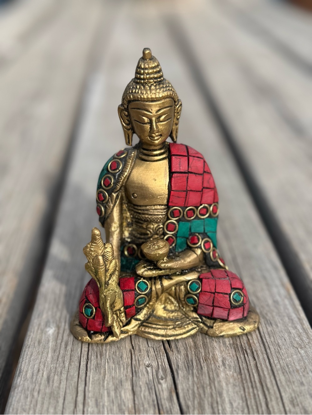 Gold Brass Buddha Figurine with Red and Teal Inlay - Decorative Home Accent